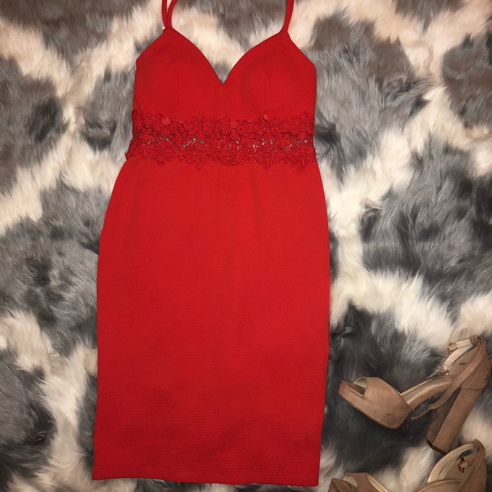 Red orange cocktail dress with exposed lace